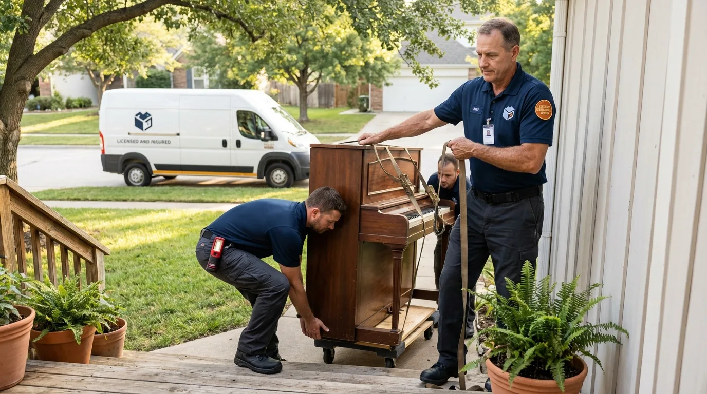 Licensed piano movers securing grand piano in Pittsboro, MS