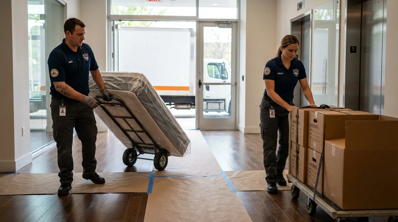 Professional apartment movers loading elevator in Pittsboro, MS